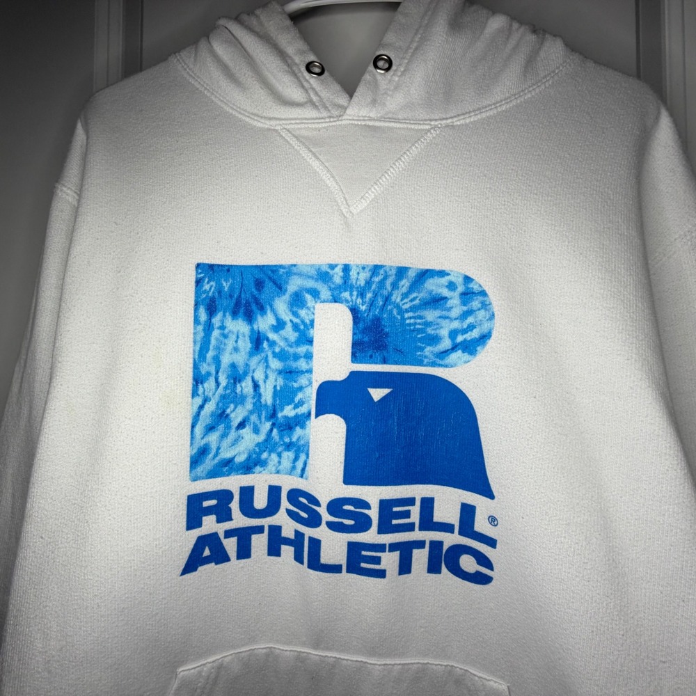 Russell Athletic Hoodie White Blue Tie Dye Eagle Logo Pullover Sz Mens Large